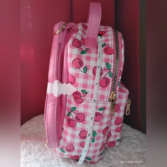 VEGAN LEATHER CHERRY DESIGN MINI BACKPACK - Picture 6 of 10